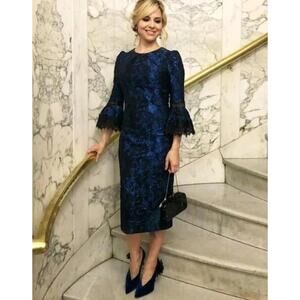 Theia Blue Black Tulip Sleeve Brocade Dress Sz XS Jacquard Wedding Guest Party